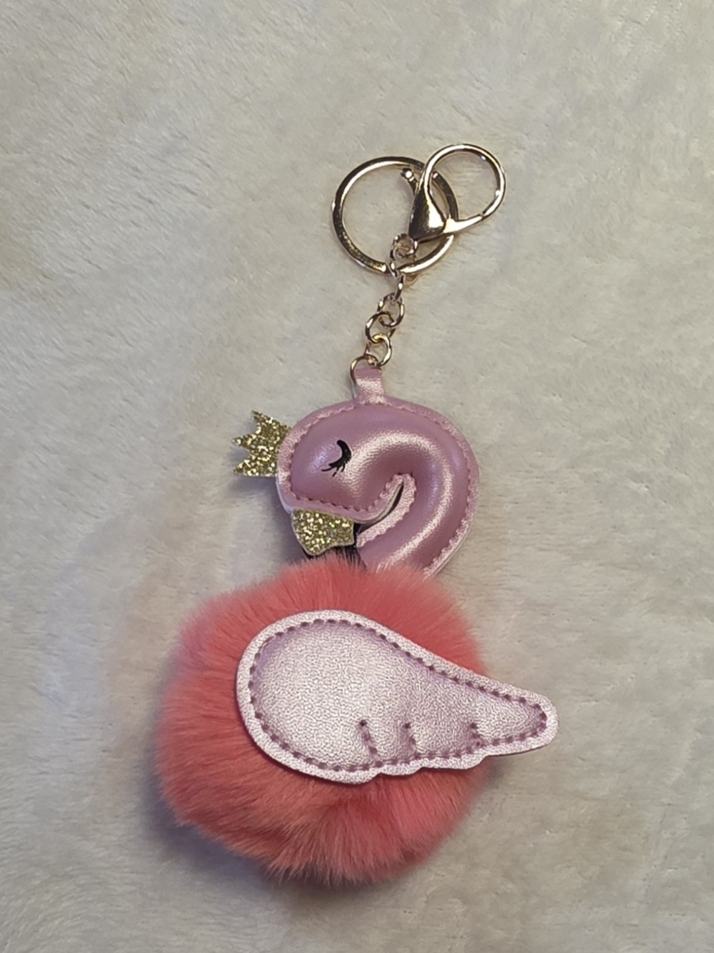 Pink Flamingo Pom Keychain with Gold Crown Bag Charm